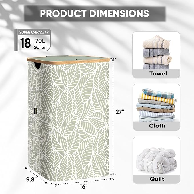 BALEINE Laundry Hamper with Lid, Tall Laundry Baskets with Bamboo Pull Handles, Large Laundry Bin with Internal Support (18 Gal/70L, Antique Foliage)