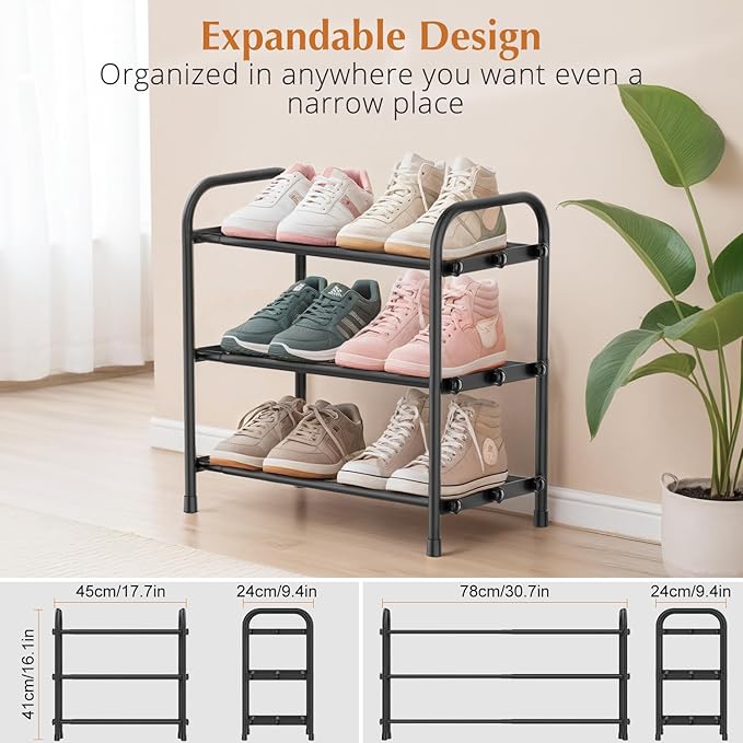 INSMART 3-Tier Expandable Shoe Rack, Stackable and Adjustable Shoes Organizer Storage Shelf, Sturdy and Durable Metal Structure Free Standing Shoe Rack for Closet Entryway Doorway