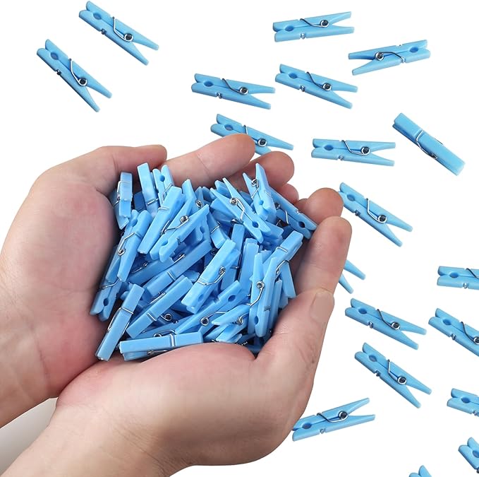 100PCS Blue Plastic Clothes Pins for Boy Baby Shower Games, DIY Crafts, Photos - 1.35 Inch Small Mini Pins, Tiny Clips for Laundry & Picture Displays Gender Reveal Party Decorations