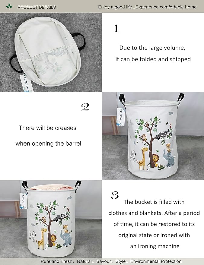Round waterproof laundry basket,foldable storage basket,laundry Hampers with handle,gift basket,suitable for children's room and toy storage (Tree Animals)