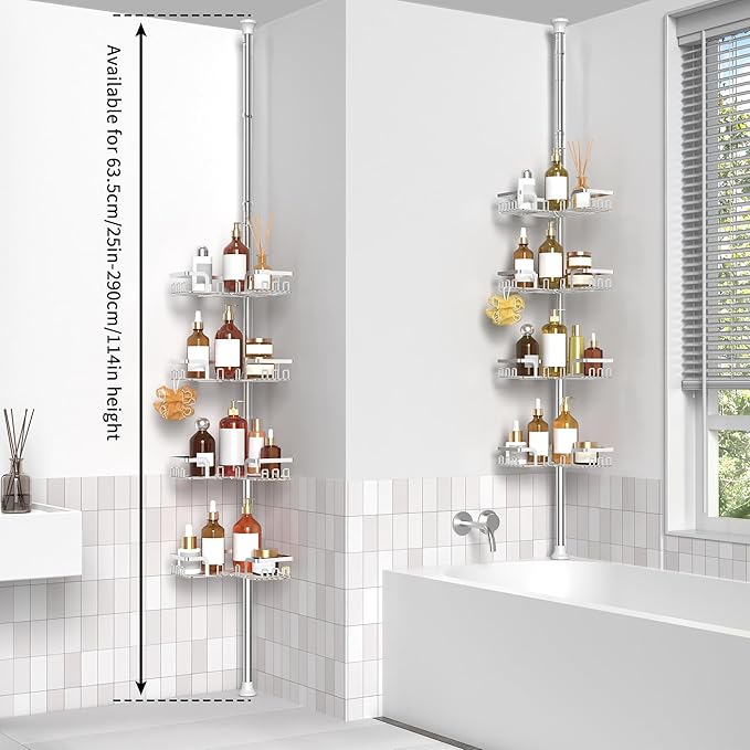 ZUNTO Shower Caddy Corner for Bathroom, Tension Pole, Adjustable 25in-114in Floor to Ceiling, Standing Shower Tension Rod Organizer, 4 Tier Bathroom Storage Shelves, Silver