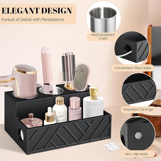 Unistyle Hair Tool Organizer, Wall Mounted, Bathroom Countertop, Vanity Organizer, Black, Wooden, Rectangular, Rustic, Art, 7.1 x 5.3 x 5.3 Inches, Paulownia Wood & Stainless Steel, 1.87 Pounds