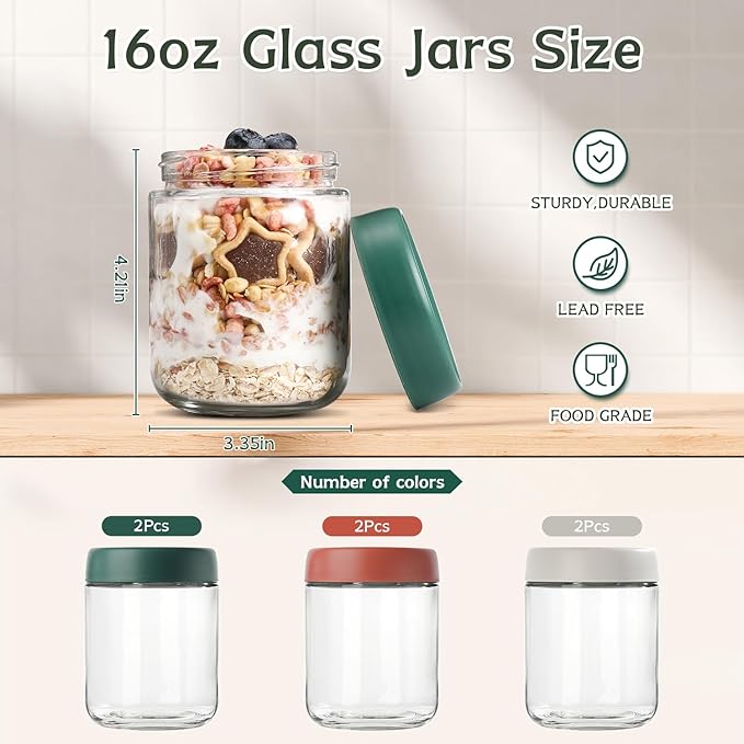 DIMBRAH Overnight Oats Containers with Lids, Mason Jars 16oz with Lids - Set Of 6, Practical Oatmeal Container to Go, Chia Seed Pudding Jars