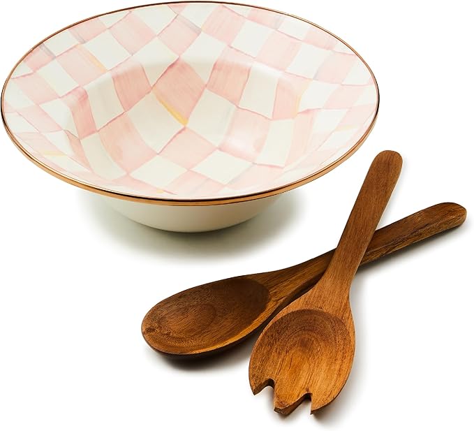 MACKENZIE-CHILDS Enamel Salad Serving Set, Pink-and-White Rosy Check