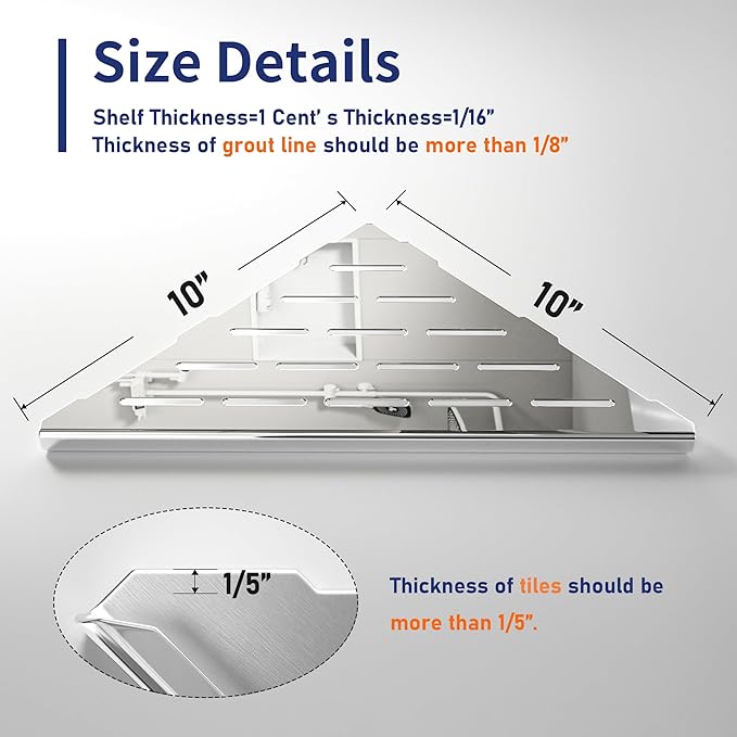 Corner Shower Shelf 10" Polished 304 Stainless Steel Recessed Corner Shelves with Slot Design Bathroom Grout in Shelf for Tiled Wall, 2 Pack