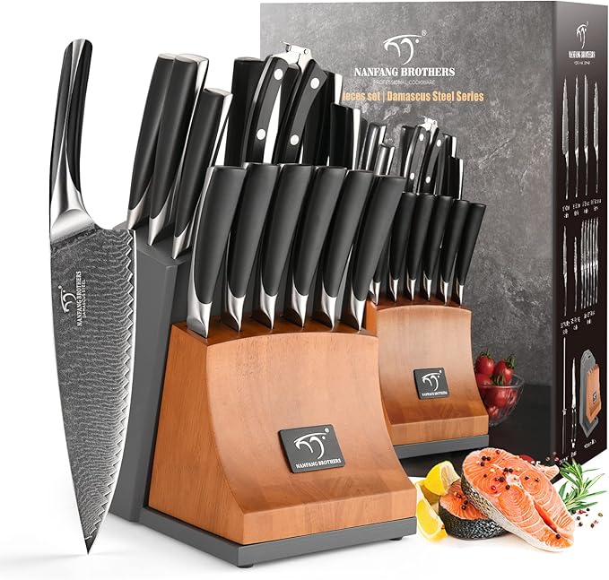 NANFANG BROTHERS 15-Pc Damascus Knife Set VG10 Steel Block