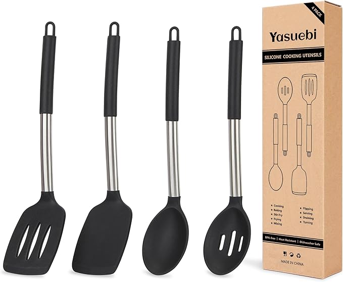 YASUEBI Kitchen Utensils Silicone Cooking Utensils Set for Nonstick Cookware Silicone Cooking Kitchen Utensils Set Perfect for Baking and Mixing Spatula Set BPA Free Dishwasher Safe Blue 4 Pack