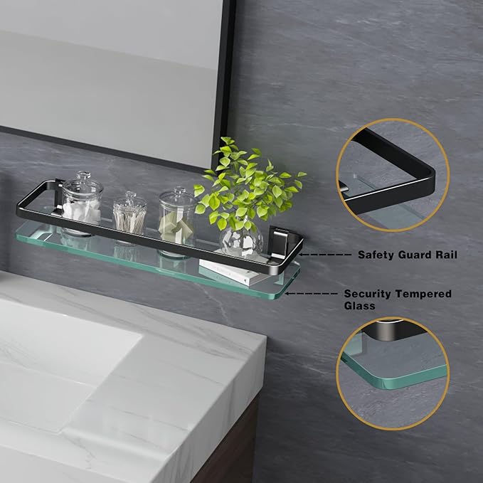 VOLPONE Bathroom Wall Shelf 15.7in Bathroom Glass Shelves Wall Mount Glass Shelf Rustproof Bathroom Wall Organizer 3 Tier (Black)