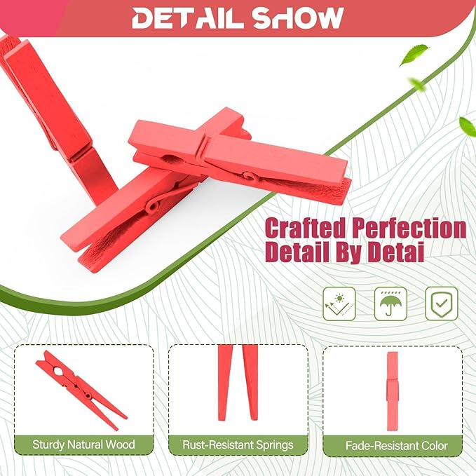 100 Pcs Colored Clothes Pins Wooden, Red Clothespins for Crafts, Clothing Pins for Hanging Clothes Classroom 2.9 Inch