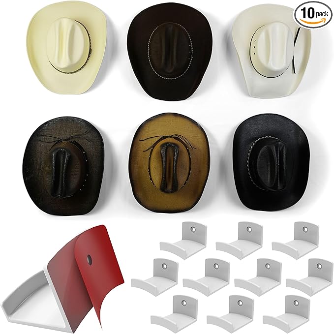Modern JP Adhesive Hat Hooks for Wall (10-Pack) - Cowboy Hat Rack, Wide Brim Hat Organizer, Strong Hold Hat Hangers for Wall - White