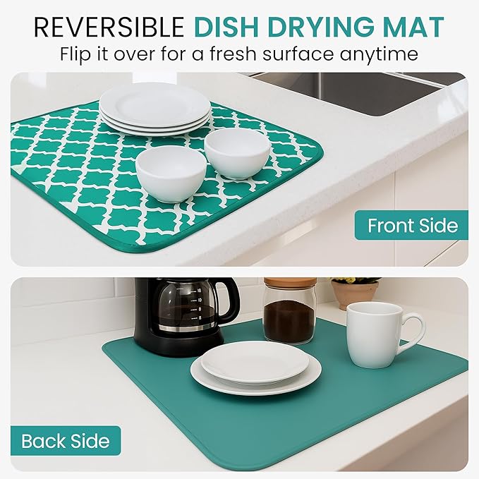 Dish Drying Mat - Microfiber Kitchen Counter Mat, Super Absorbent & Quick Dry Dish Drying Pad for Dishes, Utensils, Pots & Pans - Large Reversible Drying Mat for Kitchen Countertops, Coffee Bar, Green