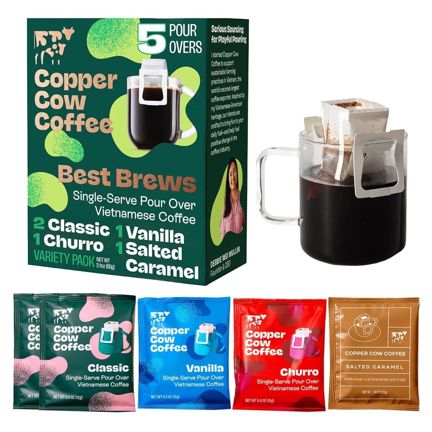 Copper Cow Coffee Vietnamese Pour Over Variety Pack, 5 Single-Serve Filters