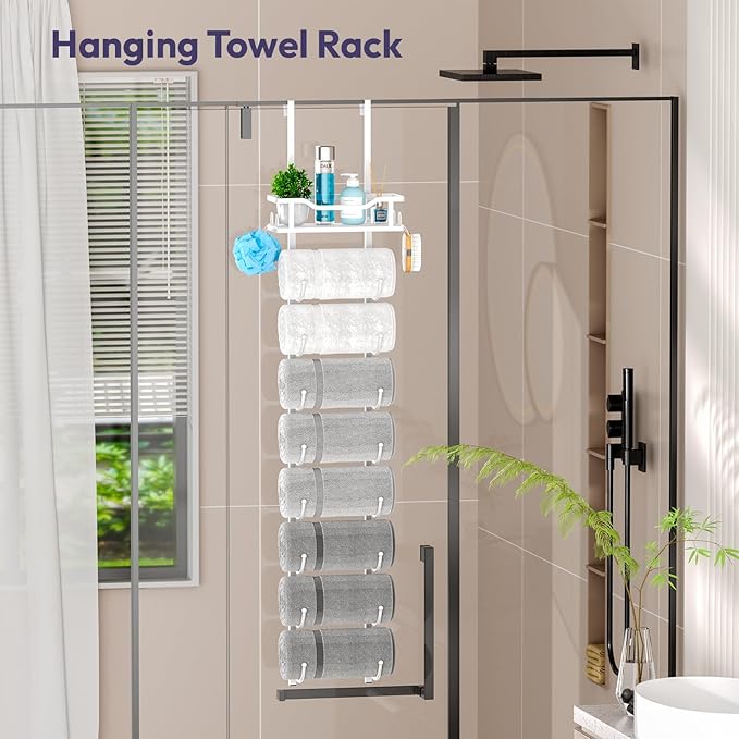 SWTYMIKI Over The Door Towel Rack - 9 Tier Towel Racks for Bathroom Wall Mounted, Towel Holder with Shelf, Hanging Rolled Towel Storage Organizer for Small Bathroom, Camper, RV, White