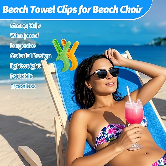 12 Pcs Beach Towel Clips for Beach Chairs, Heavy Duty Clothespins Towel Holder for Beach Chair Pool Chair on Cruise Windproof Chair Clamps，3 Bright Colors