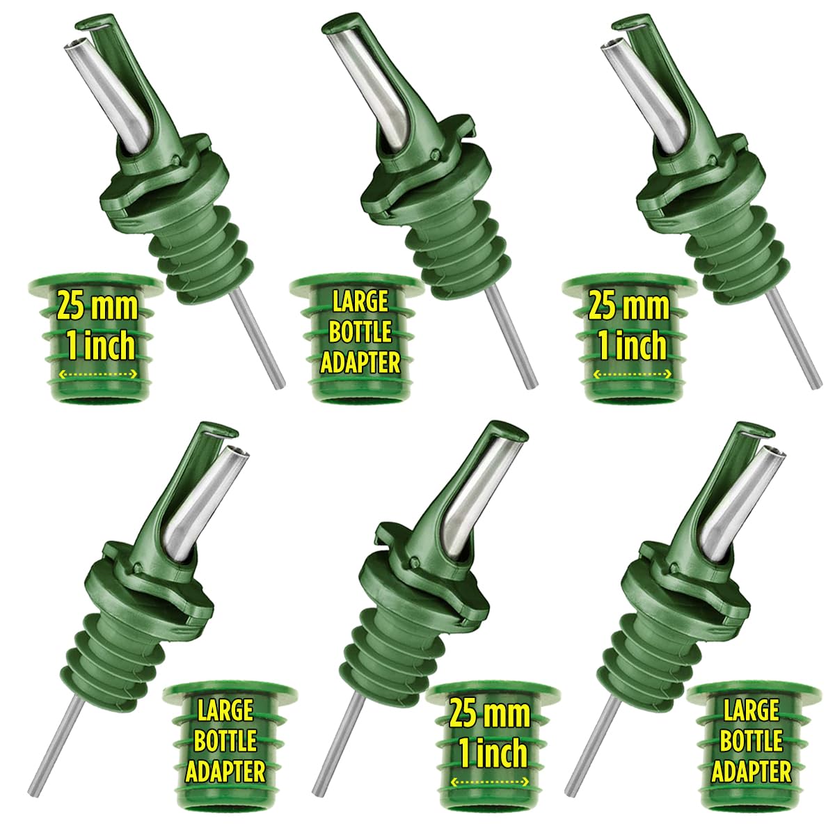 Olive Oil Spout for Olive Oil Dispenser - UK Patented Oil Pourer - Mid Flow Shut Off for Accurate Measurement - One Handed Open & Close Cap Keeps Oil Fresh and Prevents Oxidization - Green 6 Pack