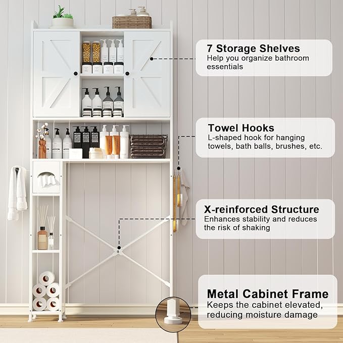 EasyCom Over The Toilet Storage Cabinet with Metal Frame and 7 Storage Shelves, Bathroom Organizer with Adjustable Shelves and Paper Holder, Farmhouse Storage Cabinet for Bathroom, Laundry, White