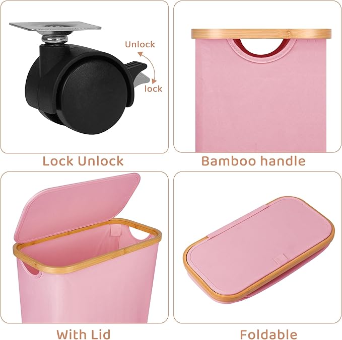 Slim Laundry Basket with Wheels,Narrow Hampers for Laundry,Freestanding Laundry Hamper with Lid&Bamboo Handles,Collapsible & Waterproof Tall Cloth Hamper for Dorm Family(60L Pink)