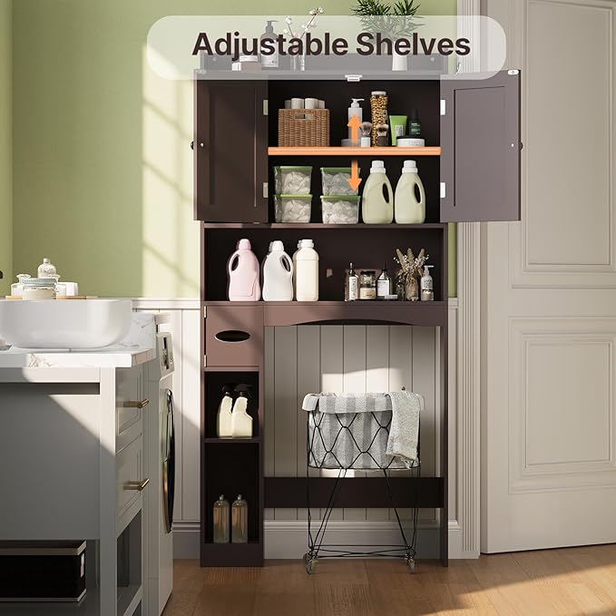 Gizoon Over The Toilet Storage Cabinet, 66''H Over Toilet Storage Cabinet, with Paper Holder, Adjustable Shelves, 2 Doors, Over Toilet Bathroom Organizer, 2 Side Hooks, Space-Saver, Dark Brown