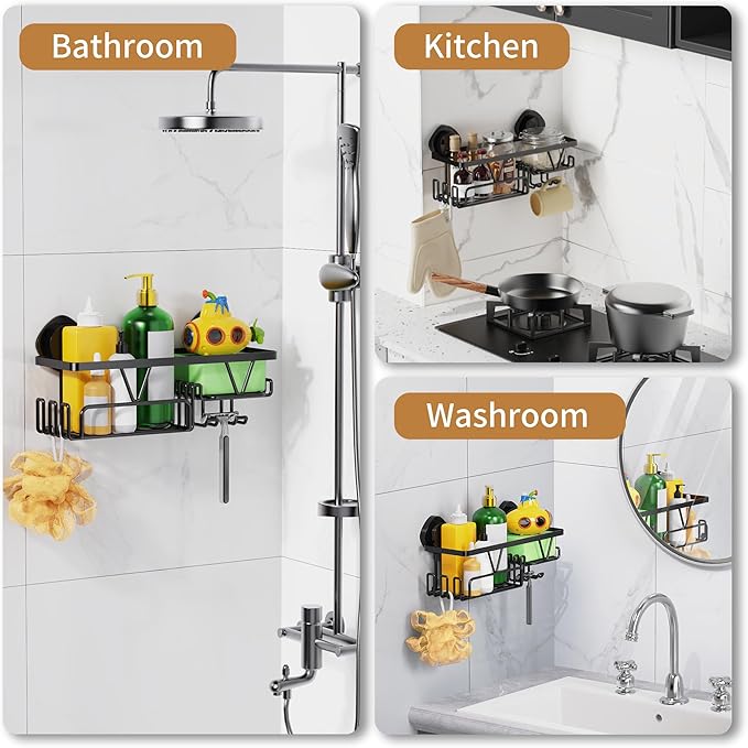 ZUNTO Suction Cup Shower Caddy for Bathroom - No Drill Wall Mount Shower Organizer - Rustproof Heavy Duty Storage Rack with Soap Holder and Hooks, Reusable and Removable