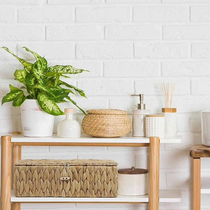 Water Hyacinth Storage Basket with Lid, Rectangular Tank Woven Wicker Baskets with Sections, Decorative Box for Snack Toys Bathroom (Water Hyacinth)