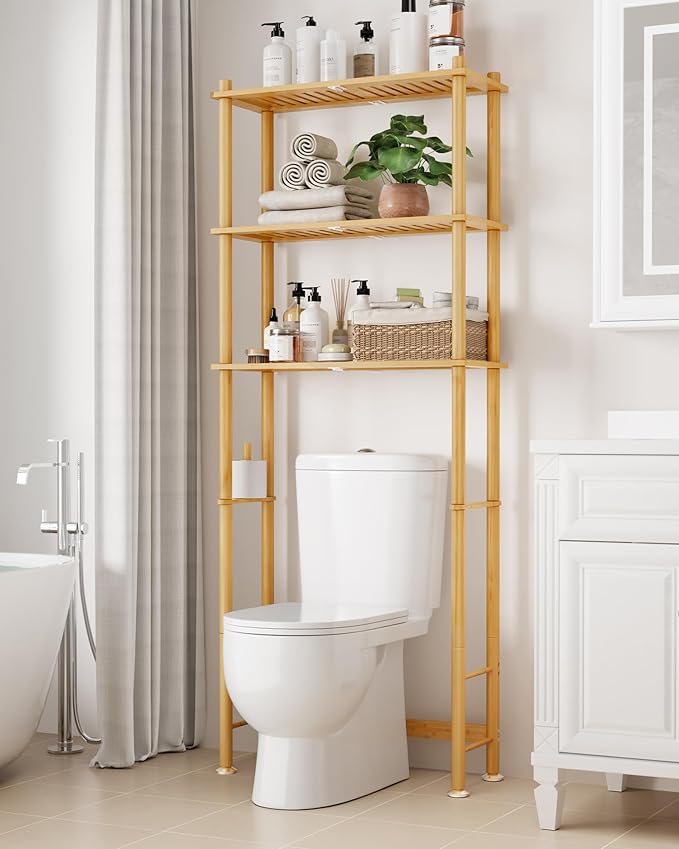 Kitsure 3-Tier Bamboo Over The Toilet Storage Cabinet, Bathroom Organizer and Above Toilet Shelf with Paper Holder, Freestanding Space Saving Rack with Wall Anchor, Natural (63” H)