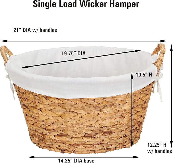Household Essentials Round Wicker Laundry Basket with Handles, Whimsical Water Hyacinth Basket, Supportive Metal Frame, Removable Polyester Liner, Handwoven, Well-Structured and Versatile, Natural