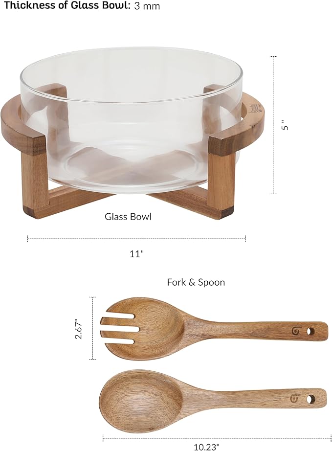 Boxiki Kitchen Large Glass Salad Bowl Set with Acacia Wood Stand, Serving Spoon and Fork, 11 Inch Clear Glass Mixing Bowl for Pasta Fruits Veggies, Elegant Dinner Table Centerpiece Serving Dish