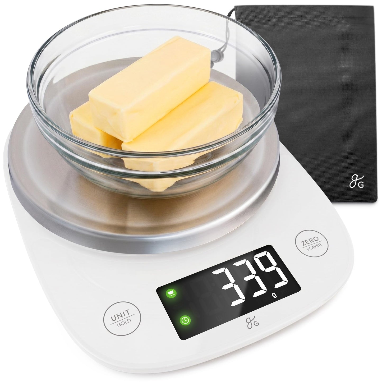Greater Goods Digital Food Scale with Bowl, 11lb to 5kg Capacity, Grams and Ounces, Tare Function, 4 Units for Baking, Meal Prep, Weight Loss, Stainless Steel