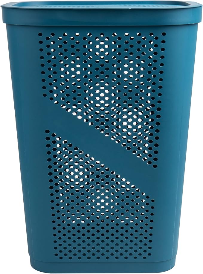 Mind Reader Slim Laundry Hamper with Lid, 60L Clothes Basket, Ventilated Plastic, Blue