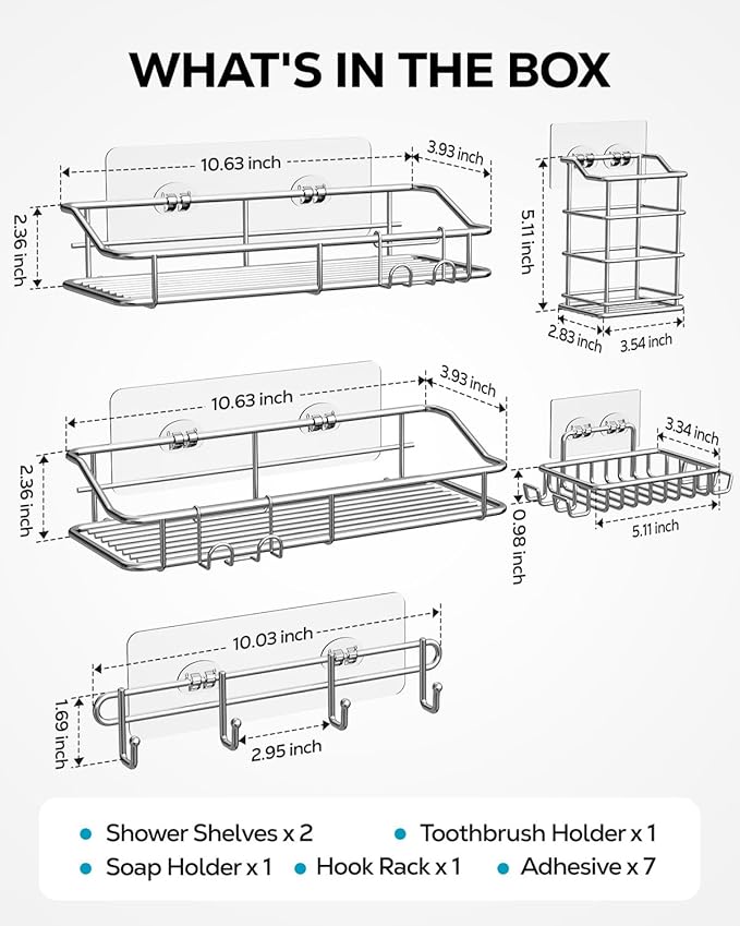 Nieifi Shower Caddy Shelf with Hooks Storage Rack Organizer Adhesive Stainless Steel without Drilling for Bathroom, Lavatory, Washroom, Restroom, Shower, Toilet, Kitchen (Sliver, 5 Pack)