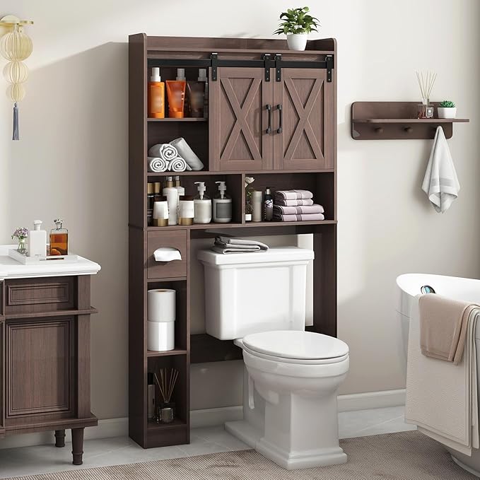 Vabches Over The Toilet Storage Cabinet, Farmhouse Storage Cabinet Over Toilet with Sliding Doors & Toilet Paper Holder Stand，Home Space-Saving Toilet Rack, for Bathroom, Laundry and Restroom