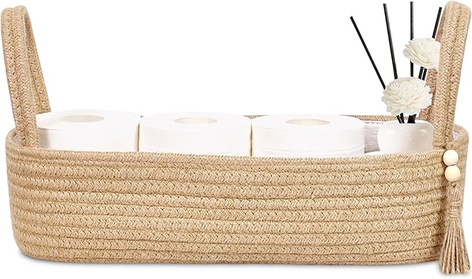 ABenkle Jute Rope Boho Storage Basket, Small Woven Bathroom Organizer, Decorative Toilet Paper Holder for Back of Tank, Hand Towel Caddy, Home Office Desk Decor, Gift Basket-16x6x4 Inch