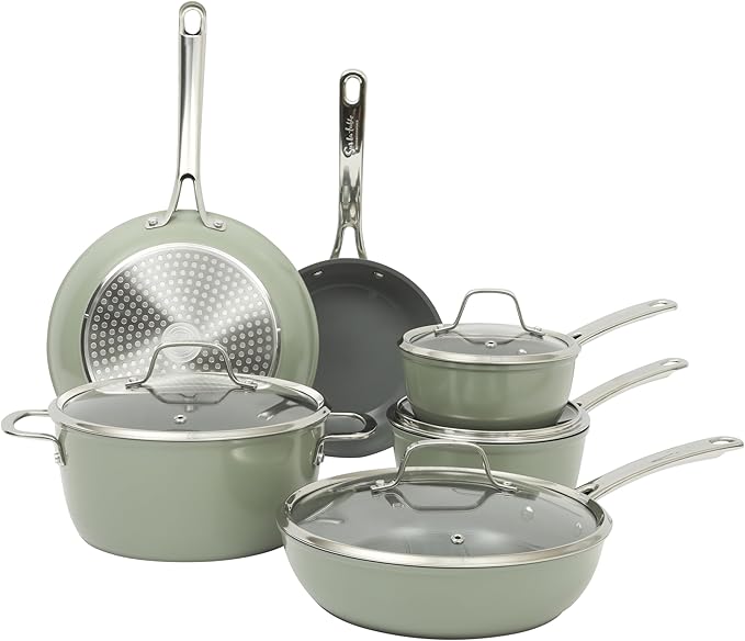 Sur La Table Kitchen Essentials Cool Commune Hard Anodized 10 Piece PFA Free Ceramic Non stick Interior Forged Durable Aluminum Pots and Pans Cookware Set - Blue - Induction Compatible