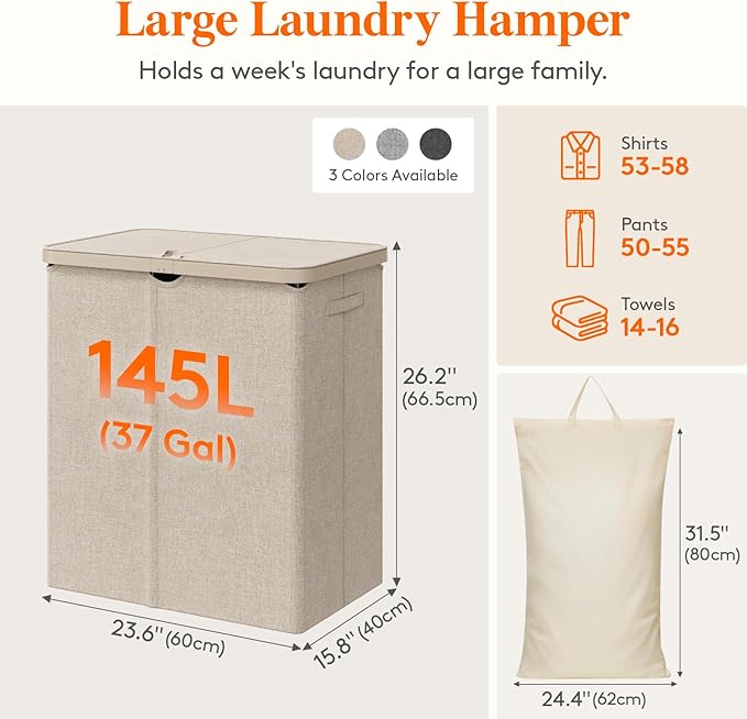 Lifewit 145L Large Laundry Basket with Lid, Laundry Hamper with Plastic Handles and Removable Bag, Foldable Tall Dirty Clothes Hampers for Laundry for Laundry Room, Bedroom, Bathroom, Dorm, Beige
