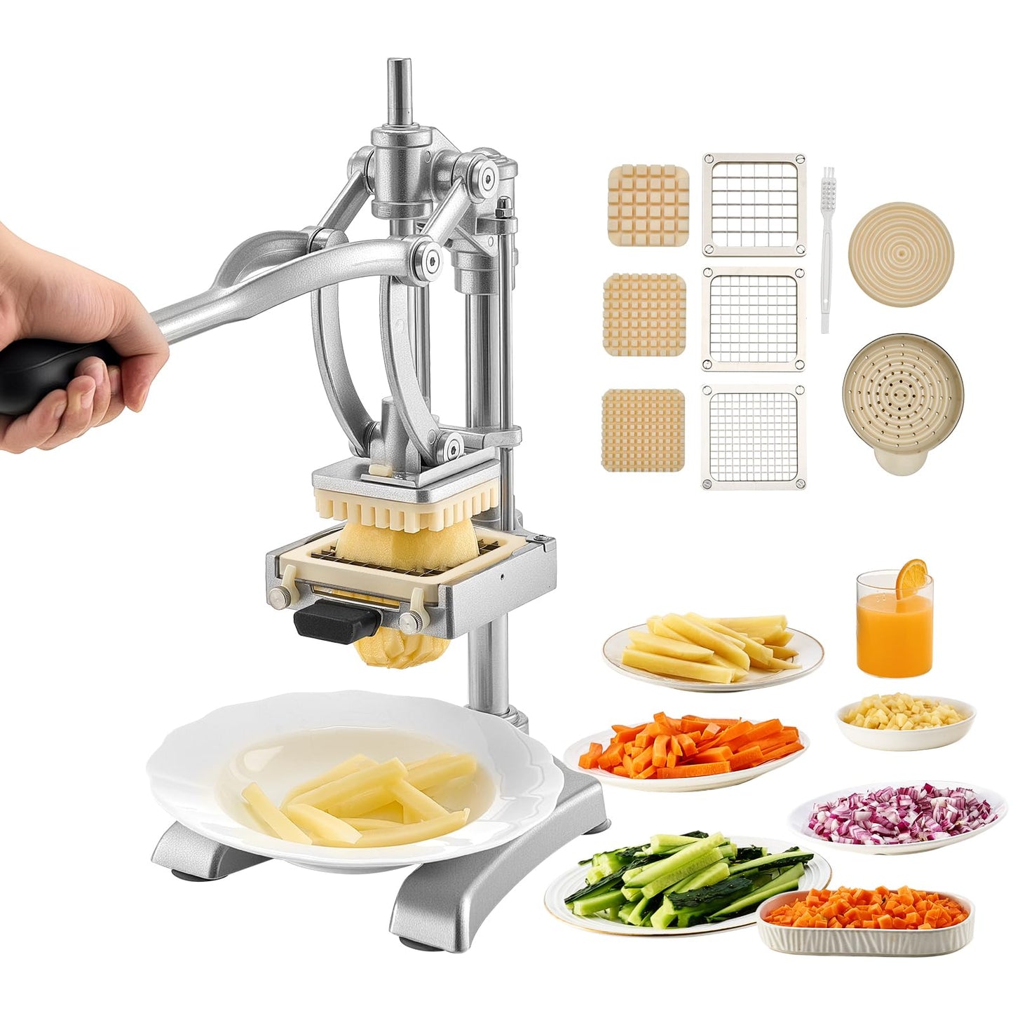 VEVOR Commercial Vegetable Fruit Chopper, Stainless Steel French Fry Cutter w/ 4 Blades 1/4" 3/8" 1/2", Vegetable Chopper Dicer w/Stainless Bowl, Heavy Duty Cutter for Potato Tomato Onion Mushroom