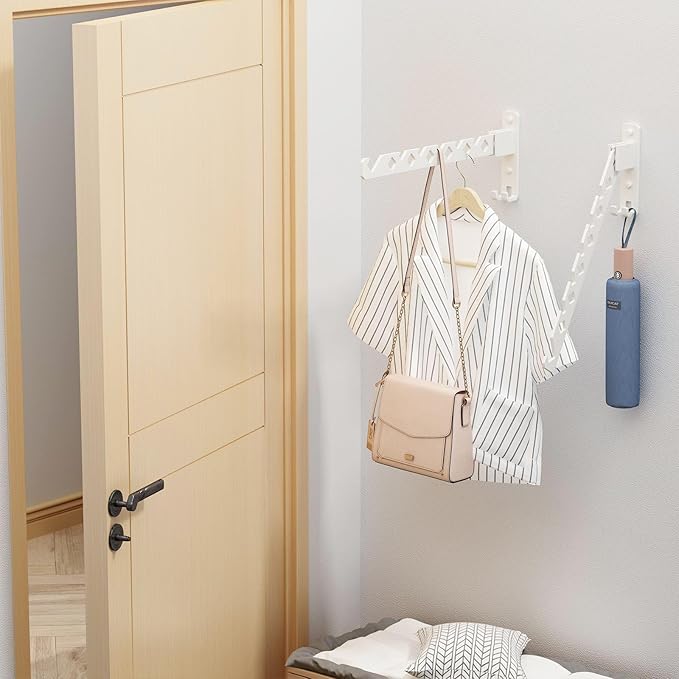 Wall Mounted Clothes Drying Rack, Wall Clothes Hanger Hook for Laundry Room, Clothes Hanger Foldable, Wall Rack Indoor, Perfect for Small Spaces, White 2 Packs