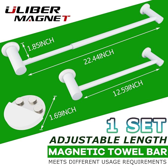 ULIBERMAGNET Magnetic Towel Holder, 1 Set Magnetic Towel Bar Holder with Adjustable Length, White Non-Slip Magnetic Towel Rod Rack for Refrigerator, Dishwasher, Oven, Laundry