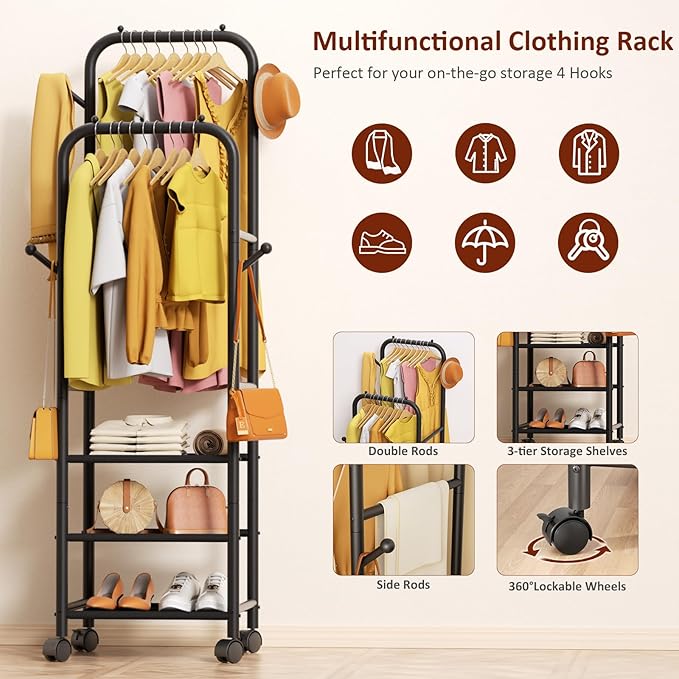 Furologee Rolling Clothing Racks for Hanging Clothes, Double Rods Clothes Rack With Wheels, Sturdy Coat Racks,Portable Metal Garment Rack for Bedroom Laundry Living Room, Black