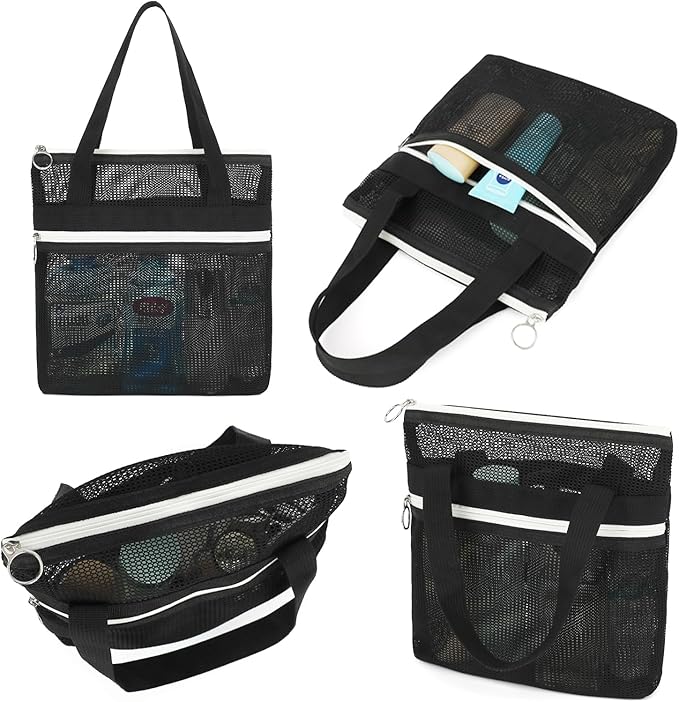 Mesh Shower Caddy Portable with Zipper & 2 Pockets - Quick Dry Shower Bag Toiletry Tote Hanging for Travel Gym Camp Beach - Organizer Bag Bathroom Essentials for College Dorm