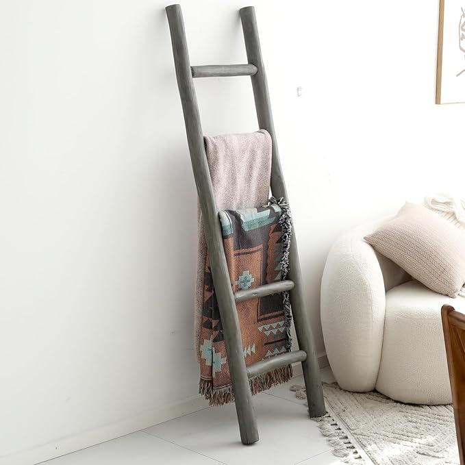 FUIN Fully Assembled 57in Wood Blanket Ladder Living Room Decorative Wall Leaning Farmhouse Quilt Display Holder Rustic Wooden Towel Rack for Bathroom, Dark Gray