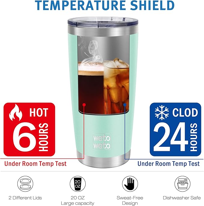 WETOWETO 20oz Tumbler with 2 lids and 2 straws, Stainless Steel Vacuum Insulated Water Coffee Tumbler Cup, Double Wall Powder Coated Spill-Proof Travel Mug Thermal Cup (Light Green, 1 Pack)