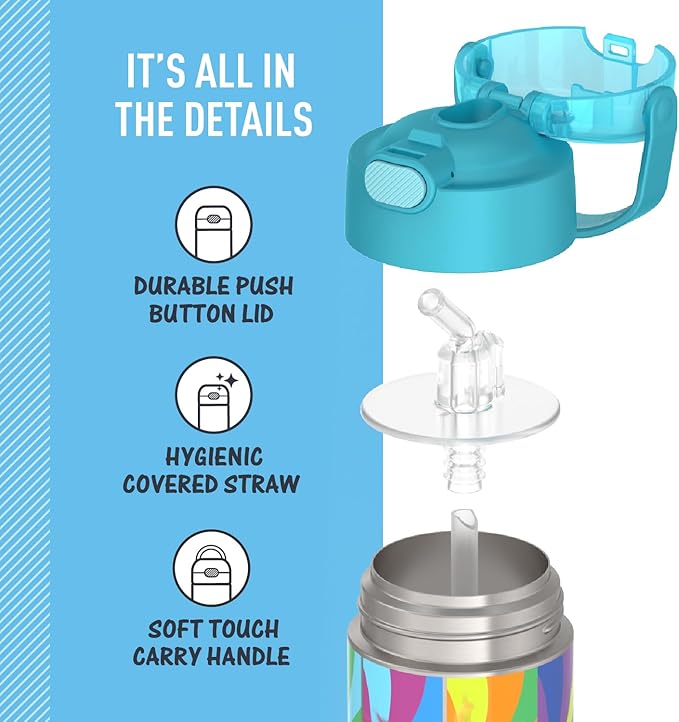 THERMOS FUNTAINER Water Bottle with Straw - 12 Ounce - Kids Stainless Steel Vacuum Insulated Water Bottle with Lid, Trolls 3
