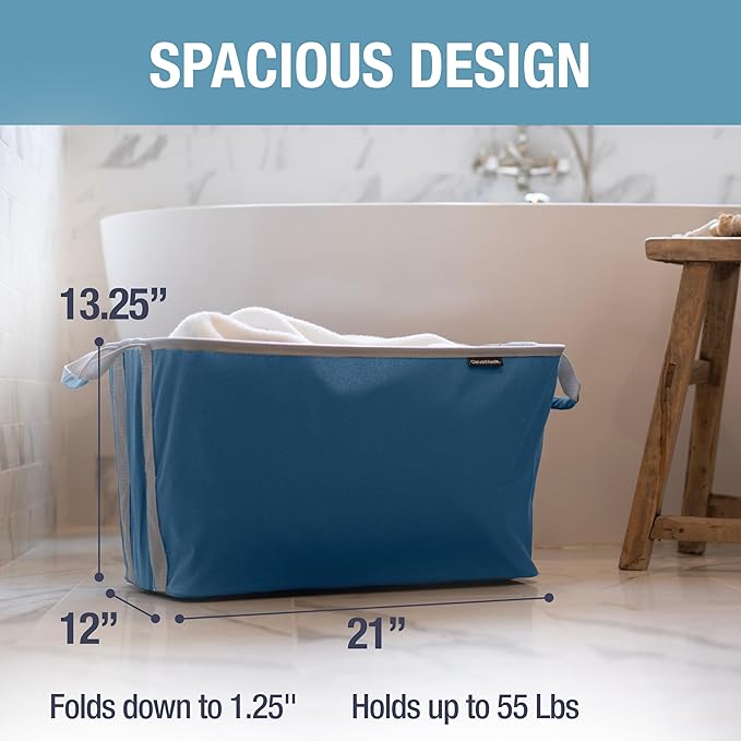 CleverMade Collapsible Laundry Basket 2 Pack – 60L (16 Gal) Foldable Clothes Hamper with Reinforced Handles, Space Saving Fabric Laundry Bin, Holds 55 lbs, Flat Folding for Dorm, Apartment & RV - Denim