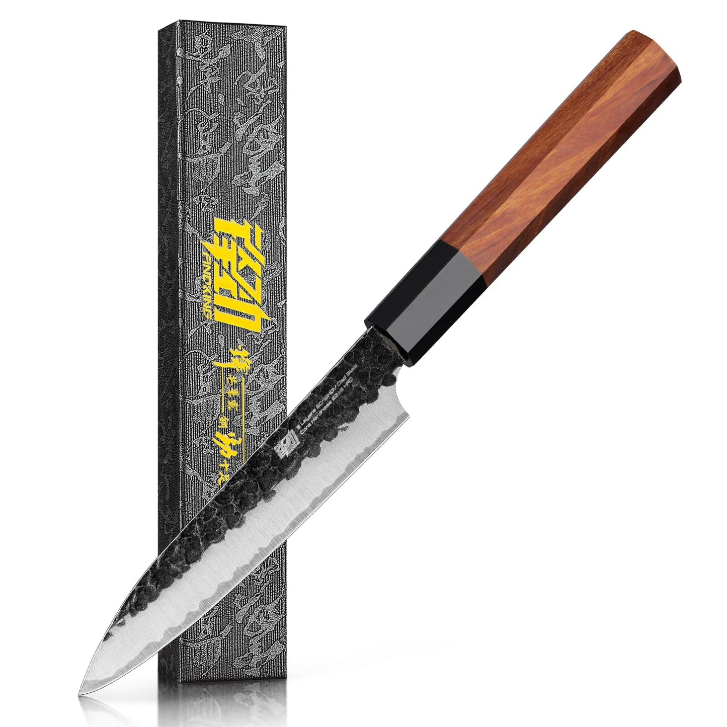 FINDKING Serbian Chef Knife with Leather Sheath, 6.5 Inch High Carbon Steel Cleaver Knife, Hammered Blade, Octagonal Handle, for Meat, Vegetables, Poultry and Light Bones, Dynasty Series