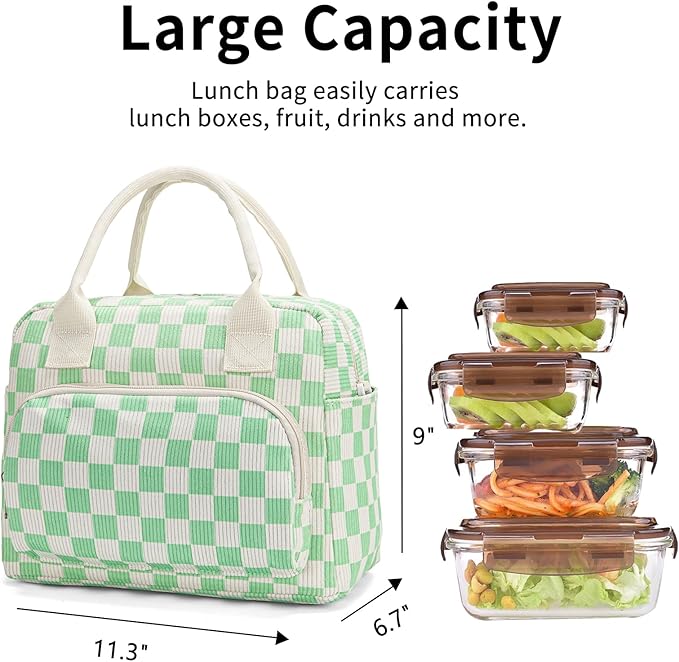 Lunch Bag Women Lunch Box for Women Adult Cute Insulated Lunch Bag Lager Cooler Lunch Tote Bags for Work Picnic (Beige-Light Green Plaid)