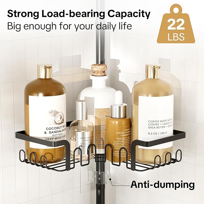 Corner Shower Caddy Tension Pole Adjustable 29–124 Inch, 4 Tier Rustproof Shower Organizer Shelf Rack, Quick Installation Bathroom Storage Shower Caddy Corner Pole, Black