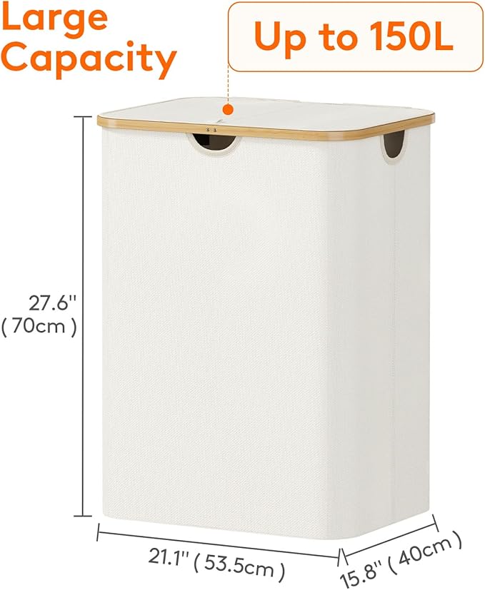 Lifewit 150L Laundry Basket with Lid, Clothes Hampers for Laundry with Bamboo Handles and 2 Removable Bag, Large Foldable Laundry Hamper for Bedroom, Bathroom, Dorm, Laundry Room, Off White