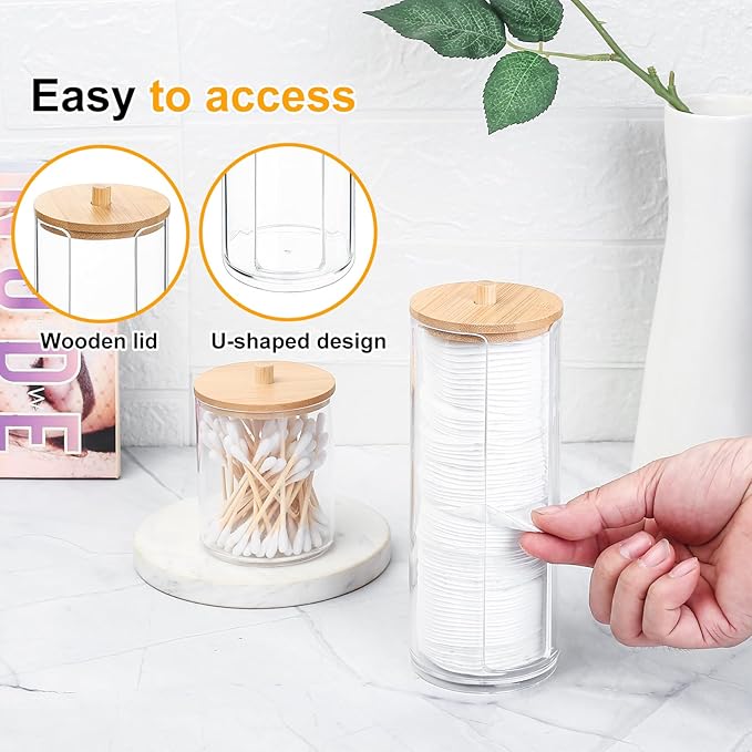 2 Pcs Qtip Holder, Cotton Pads Balls Dispenser Holders, Clear Cotton Swab Makeup Canister, Apothecary Jar Holder Organizer with Bamboo Lid for Bathroom Tabletop Vanity Makeup Storage Box