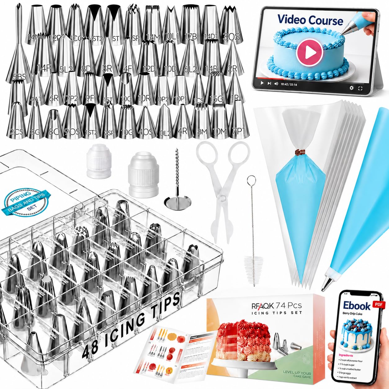 RFAQK 74PCs Icing Piping Bags and Tips Set for Beginners to Decorate Cake