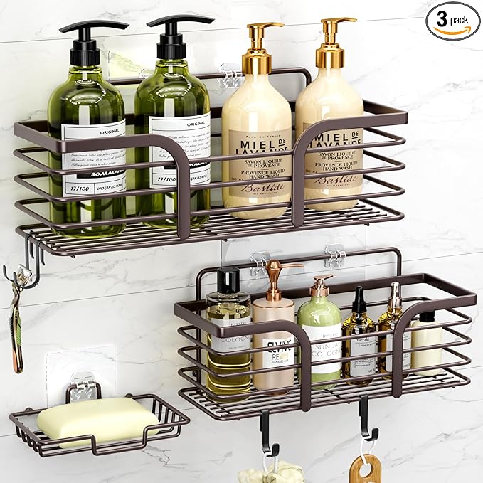 Yougai Shower Caddy, Shower Organizer with Soap Holder and Hooks, Rustproof Shower Shelves, No Drilling Bathroom Organizers and Storage, Wall-Mounted Kitchen & Home Decor (Brown)